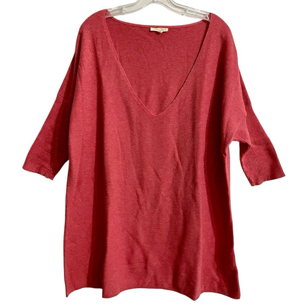 Eileen Fisher Tunic Sweater V-Neck Size Large Pink Organic Cotton 3/4 Sl…